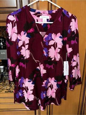 Liz Claiborne Burgundy Floral Tunic with Pink & Purple Blooms SIZE: XS